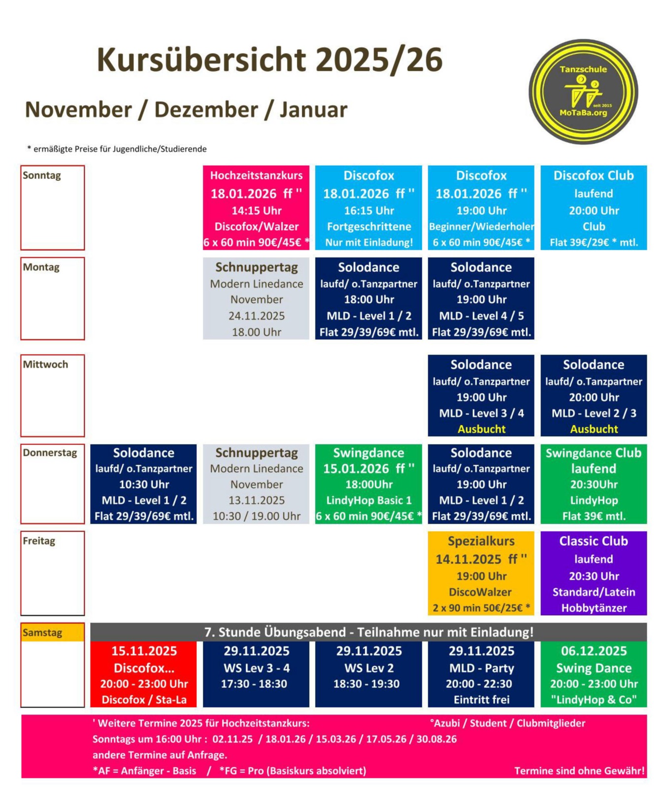 Tanzkursübersicht  2025 - 2026