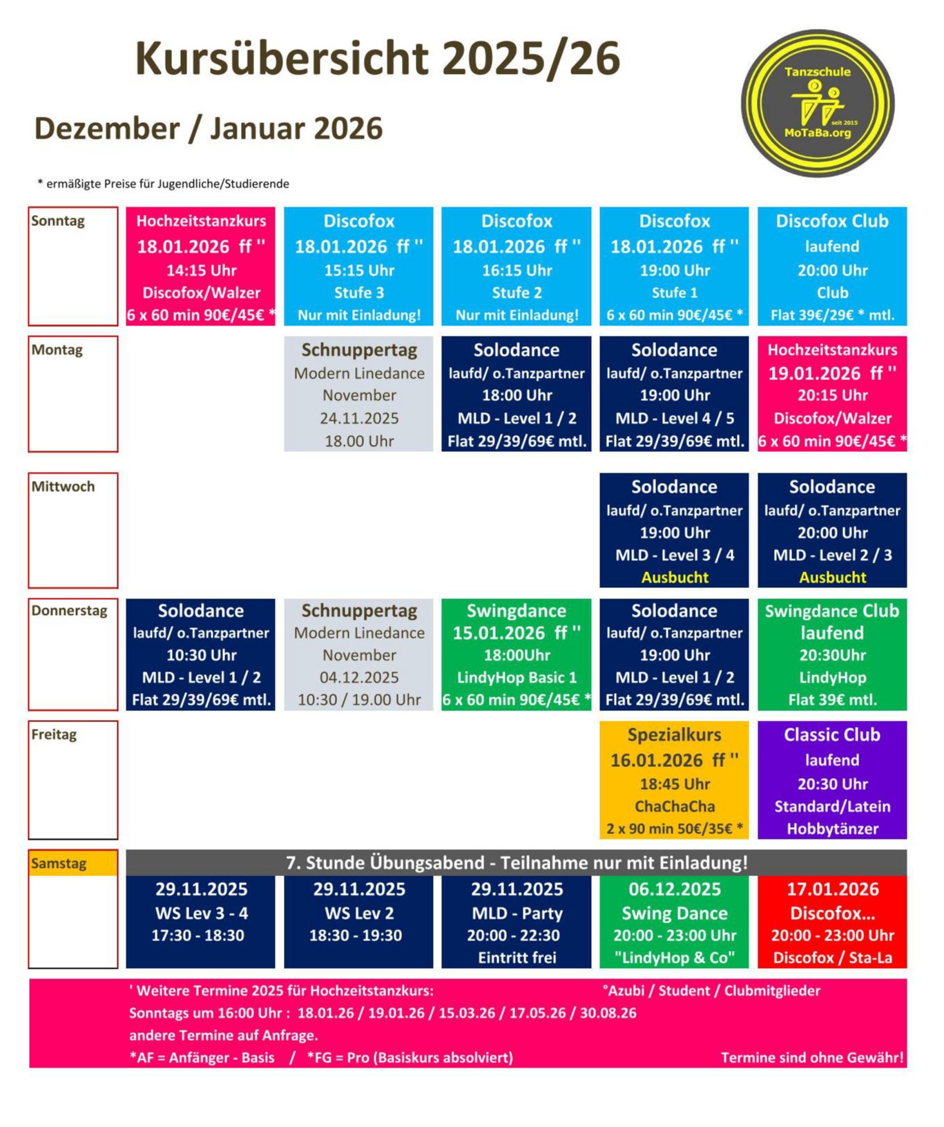 Tanzkursübersicht  2025 - 2026