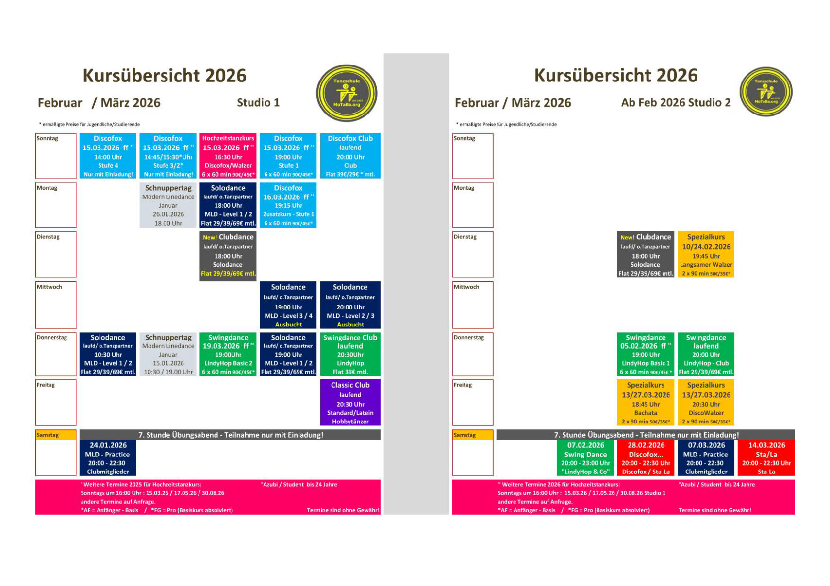Tanzkursübersicht  Jan - Feb 2026