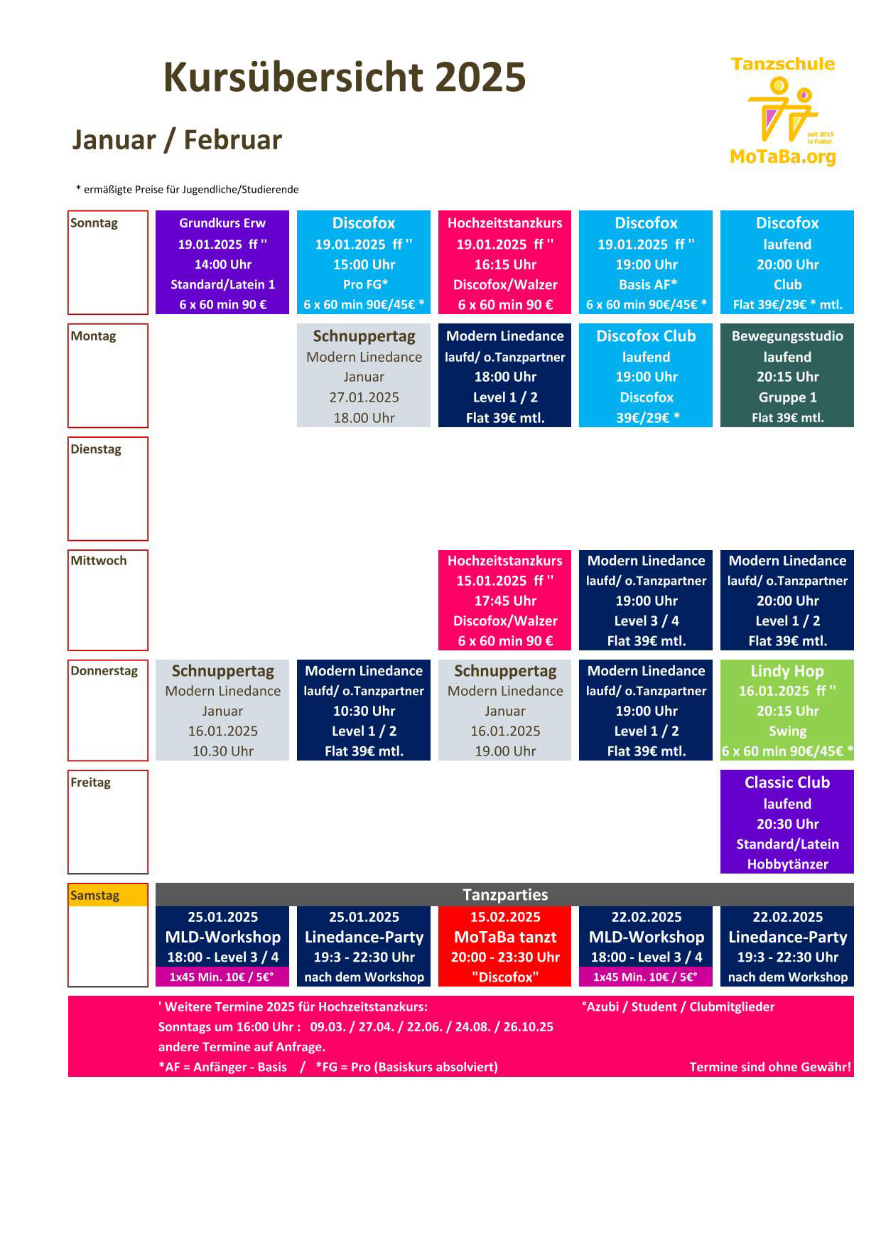 Tanzkursübersicht  Januar - Februar 2025