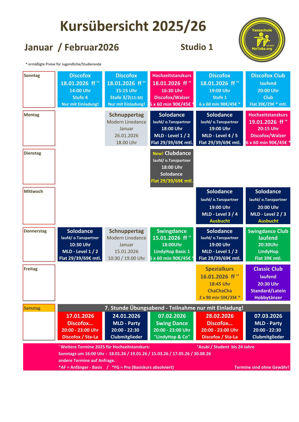 Tanzkursübersicht  Jan - Feb 2026
