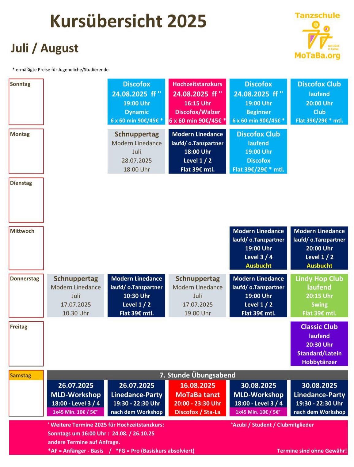 Tanzkursübersicht  Juli - August 2025