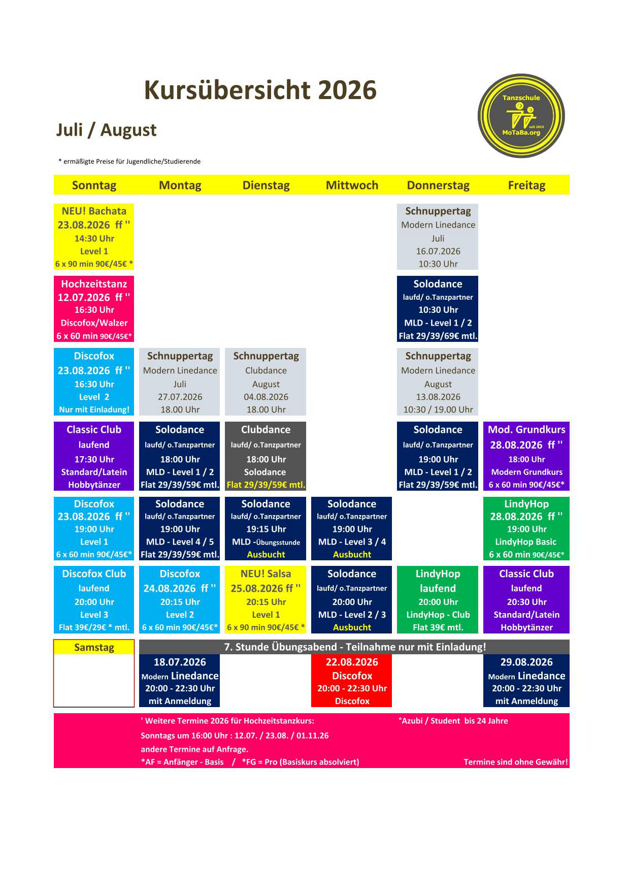 Tanzkursübersicht Juli-August 2026