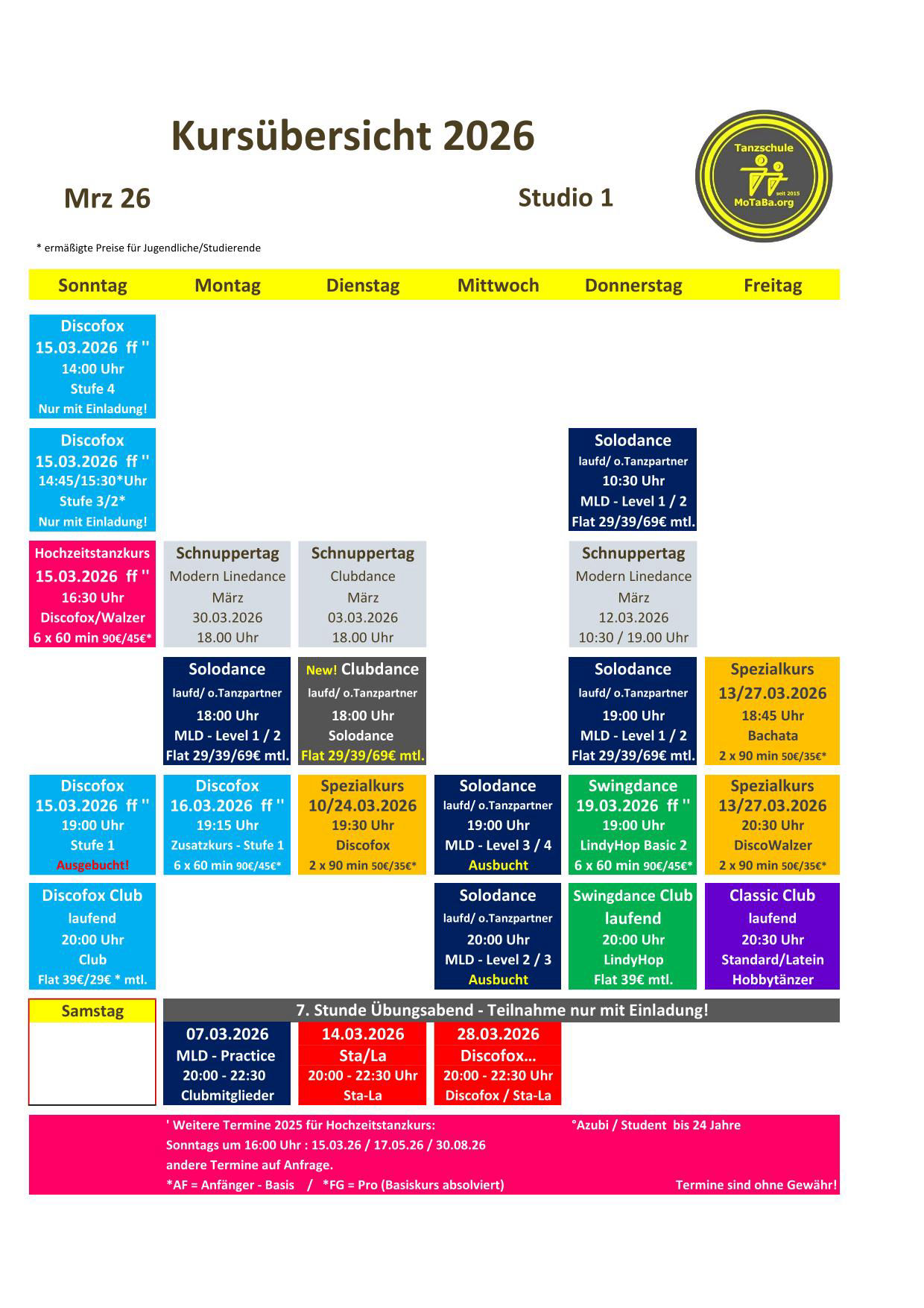 Tanzkursübersicht März 2026