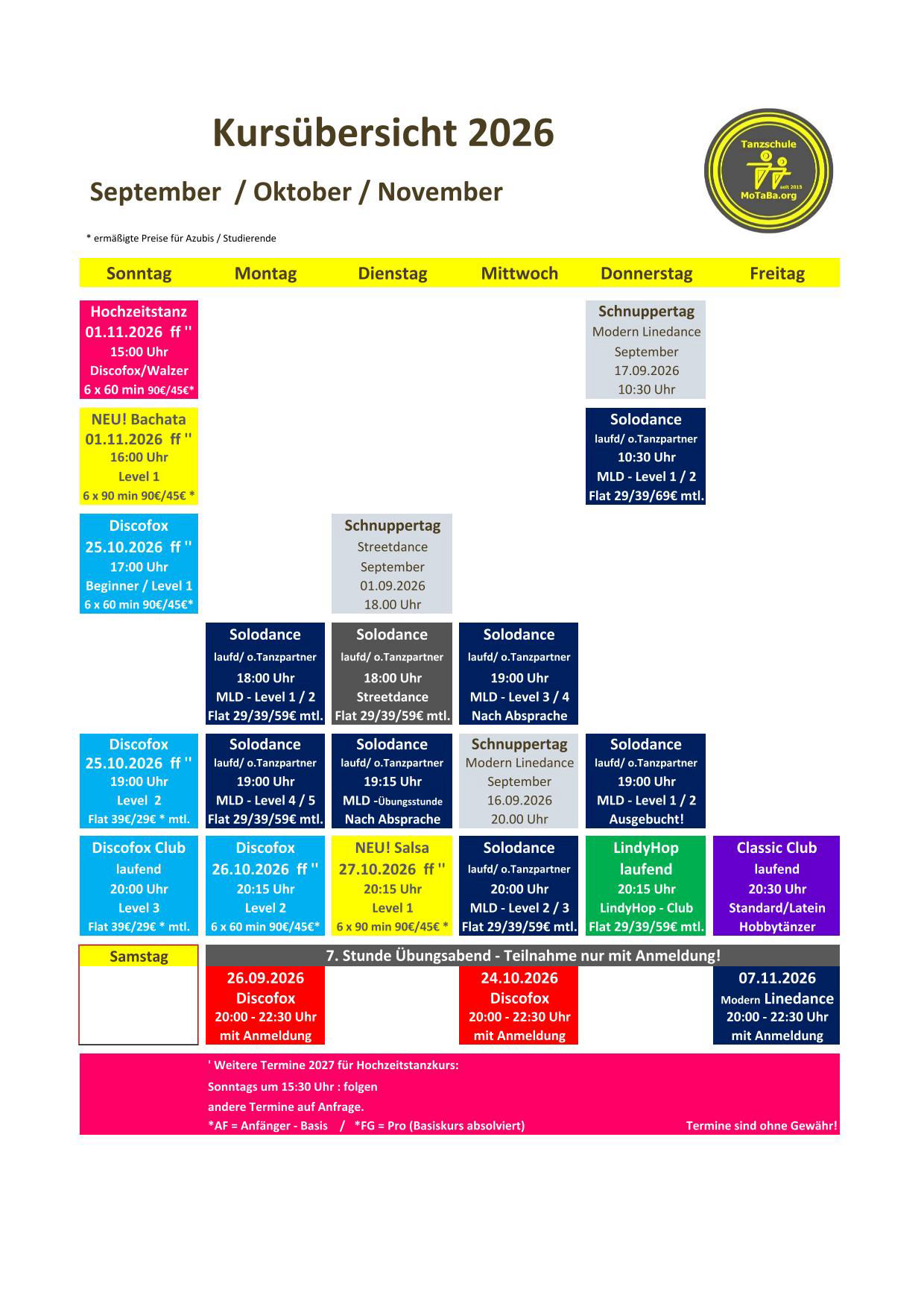 Tanzkursübersicht September-Oktober 2026