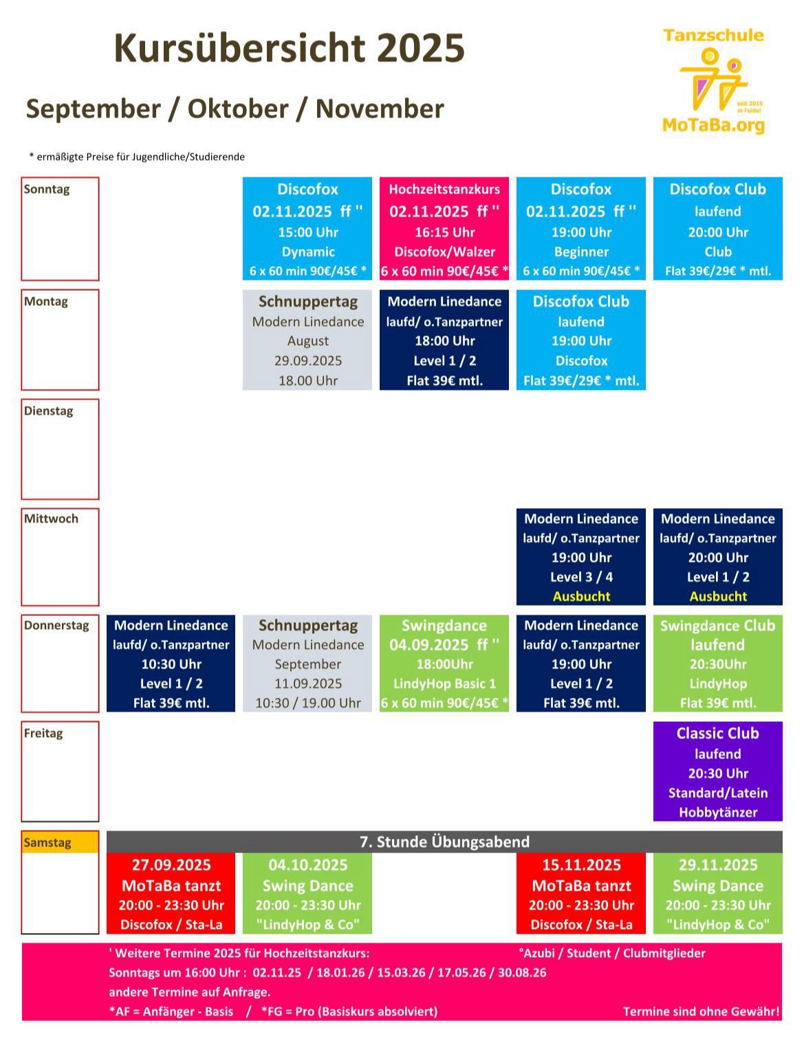 Tanzkursübersicht September - November 2025